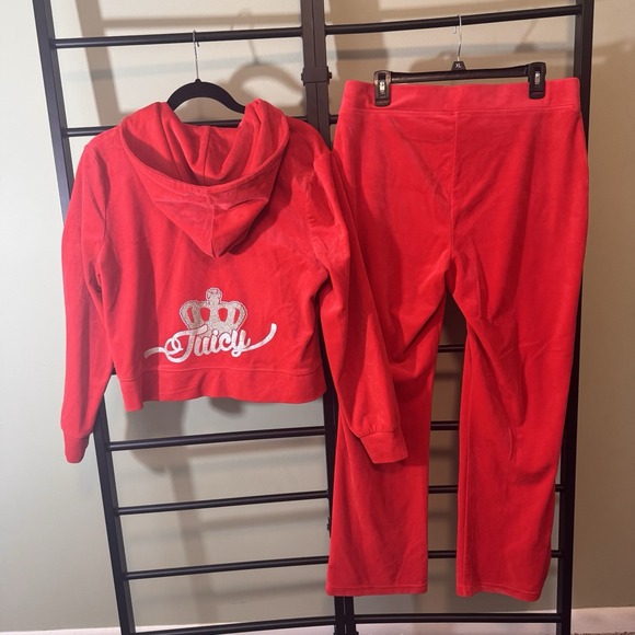 Juicy Couture Velour Tracksuit Y2K Red With Silver Logo Hoodie (XL) & Pants (L) - Picture 2 of 10
